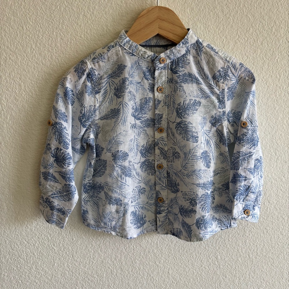 Zara Baby Boy Blue Leaf Print Shirt 9-12m